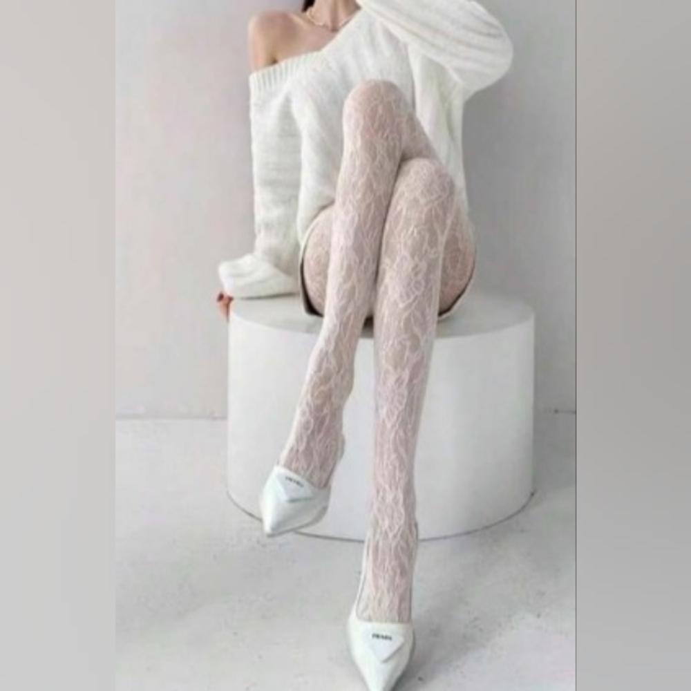 Sexy White Lace Patterned Stockings, Pantyhose, Hosiery, Tights - ONE SIZE